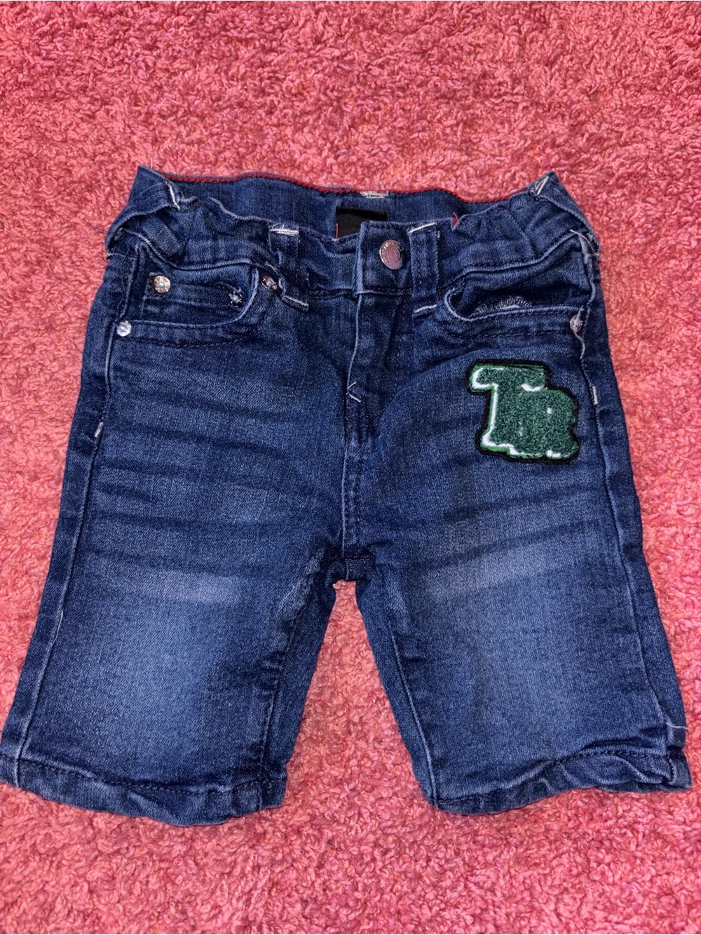 True Religion Dark Blue Denim Shorts with Green Patch
